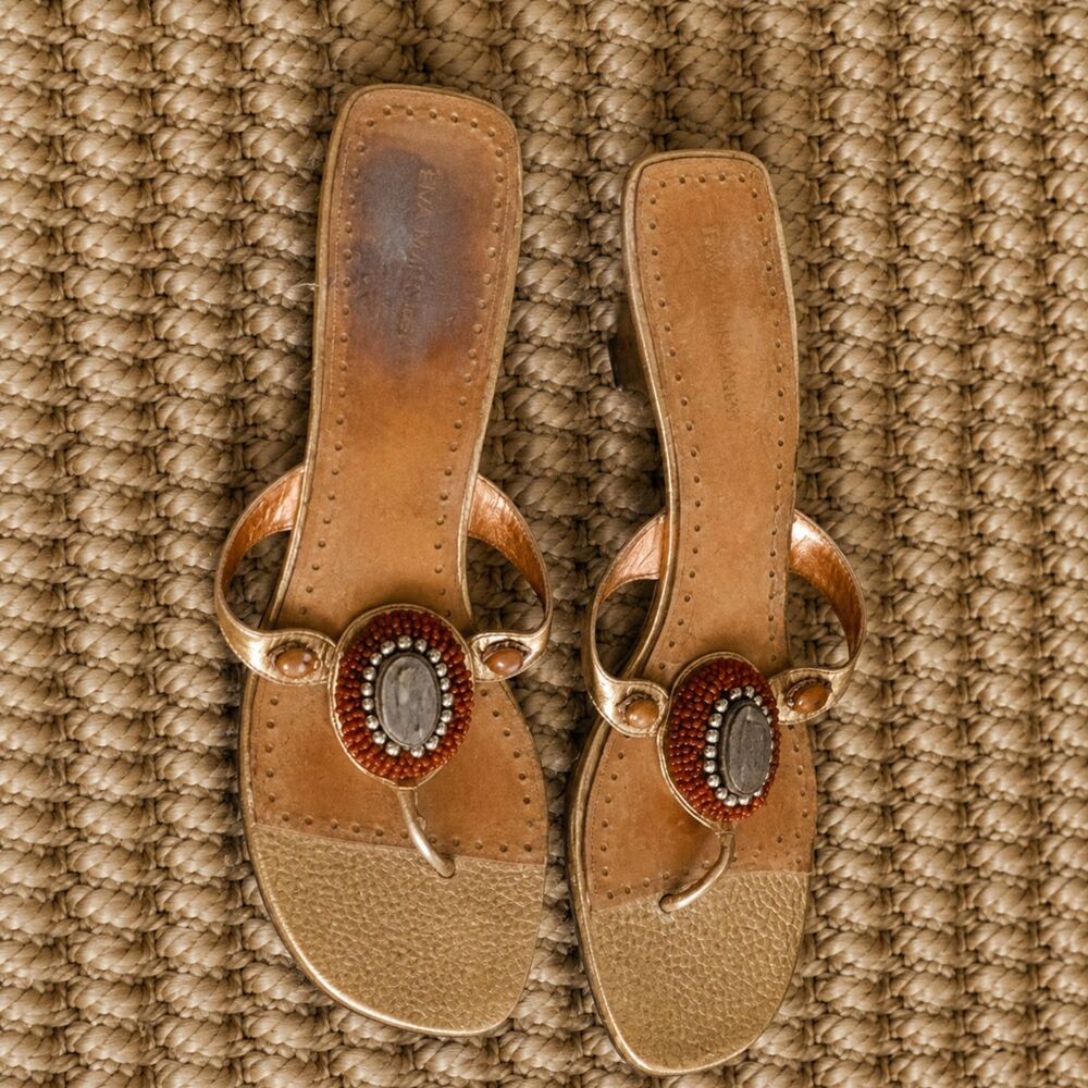 Enzo Angiolini Women Size 10M Beaded Kitten Heel Sandals Gold Brown Boho Resort